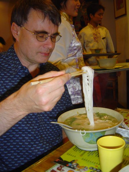 Eating the noodles